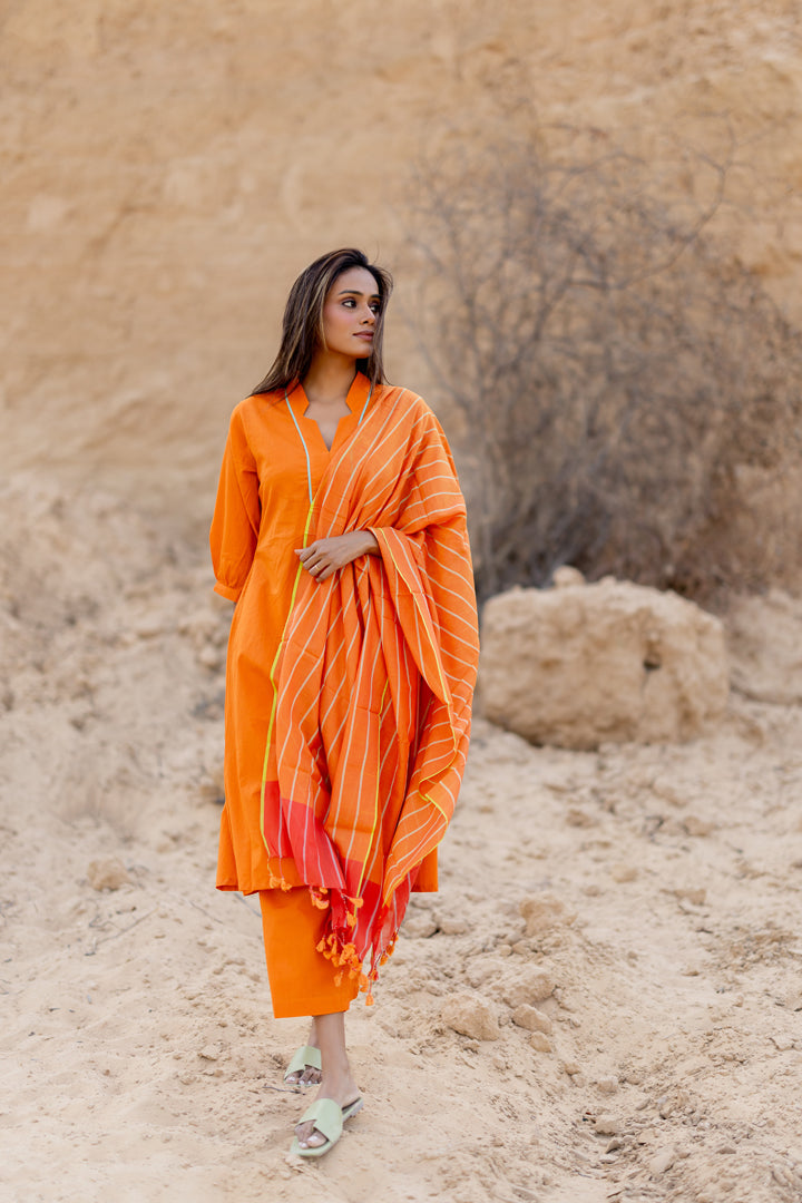 Tangerine Kurta Set with Handloom Dupatta