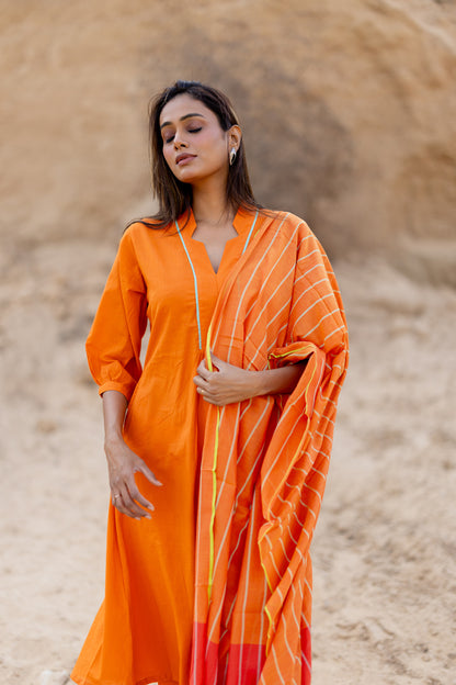 Tangerine Kurta Set with Handloom Dupatta