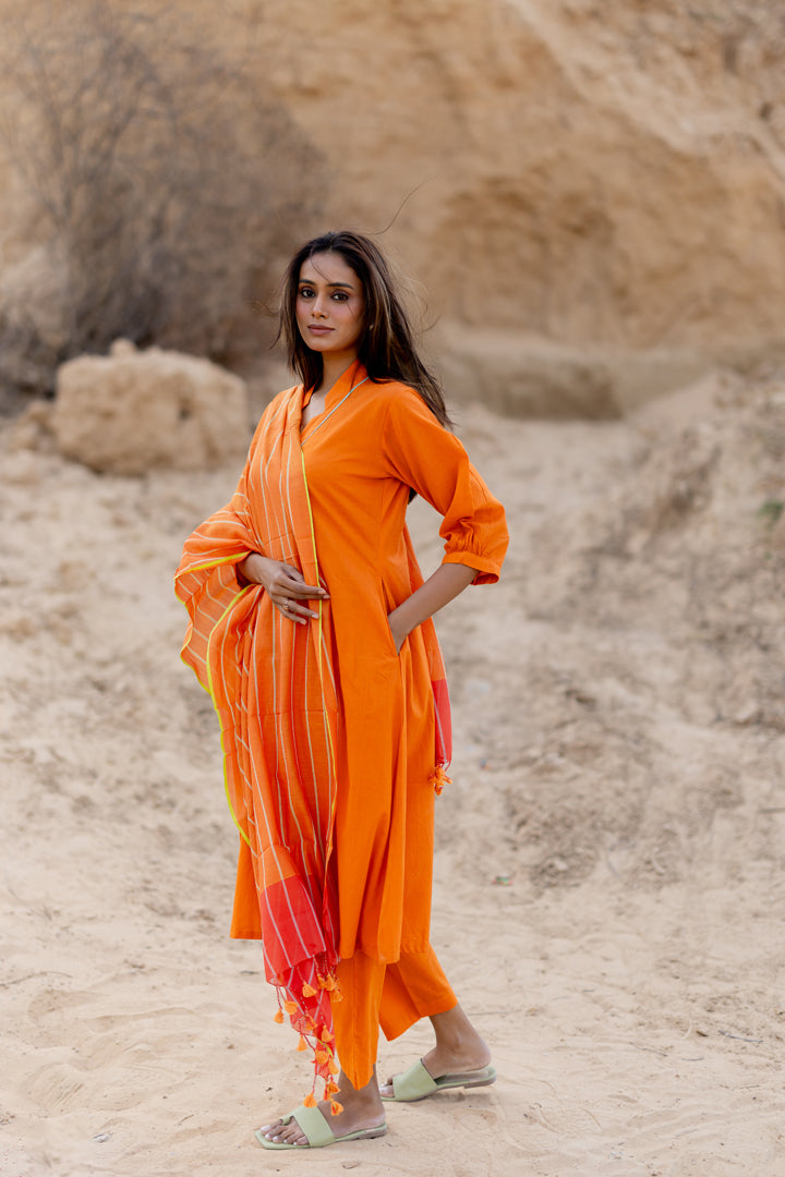 Tangerine Kurta Set with Handloom Dupatta