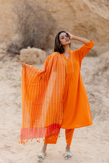 Tangerine Kurta Set with Handloom Dupatta