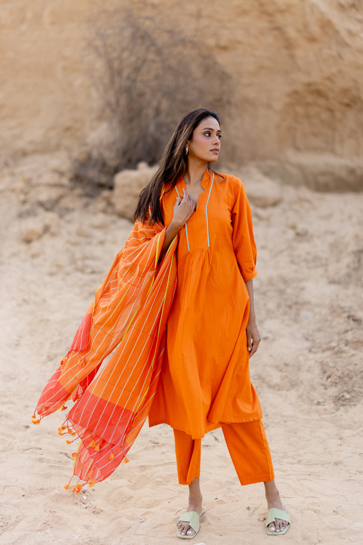 Tangerine Kurta Set with Handloom Dupatta