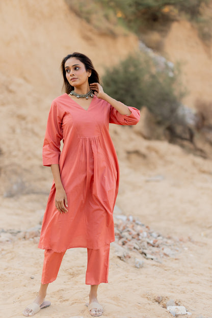 Sandy Blush Kurta Set with Handloom Dupatta