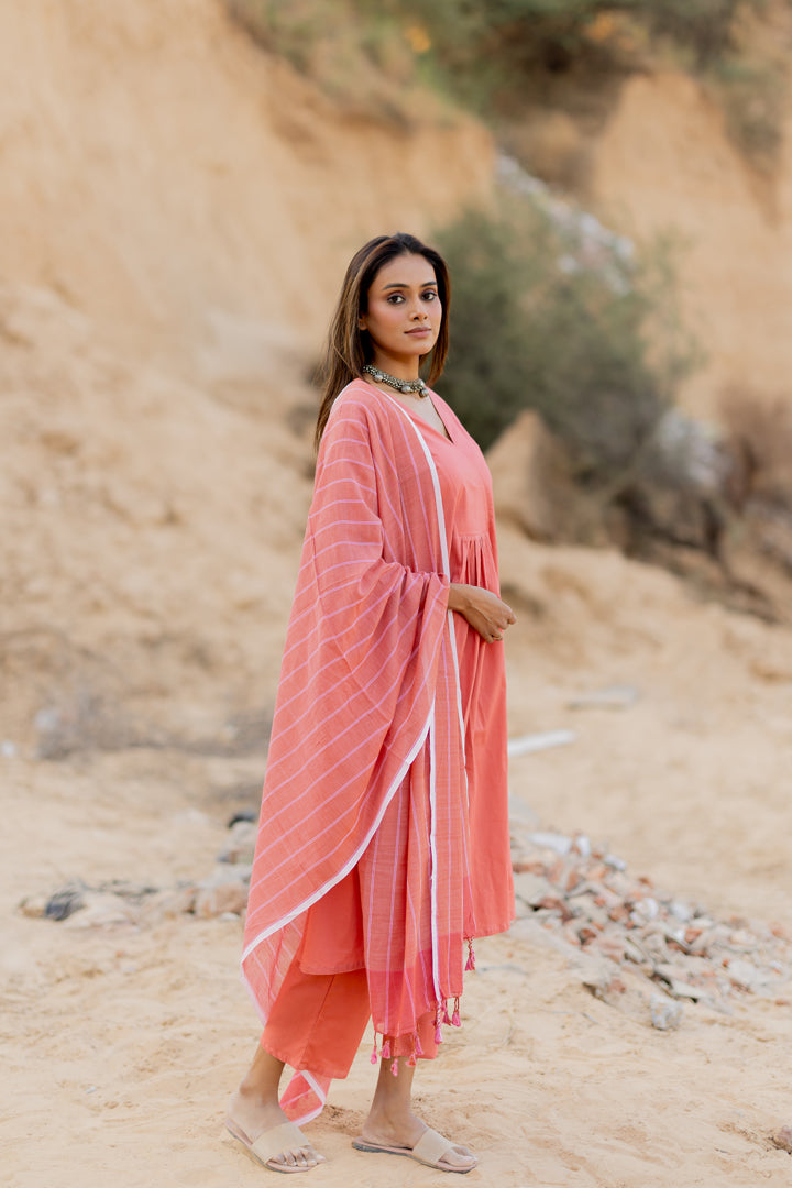 Sandy Blush Kurta Set with Handloom Dupatta