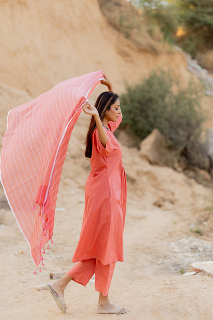 Sandy Blush Kurta Set with Handloom Dupatta