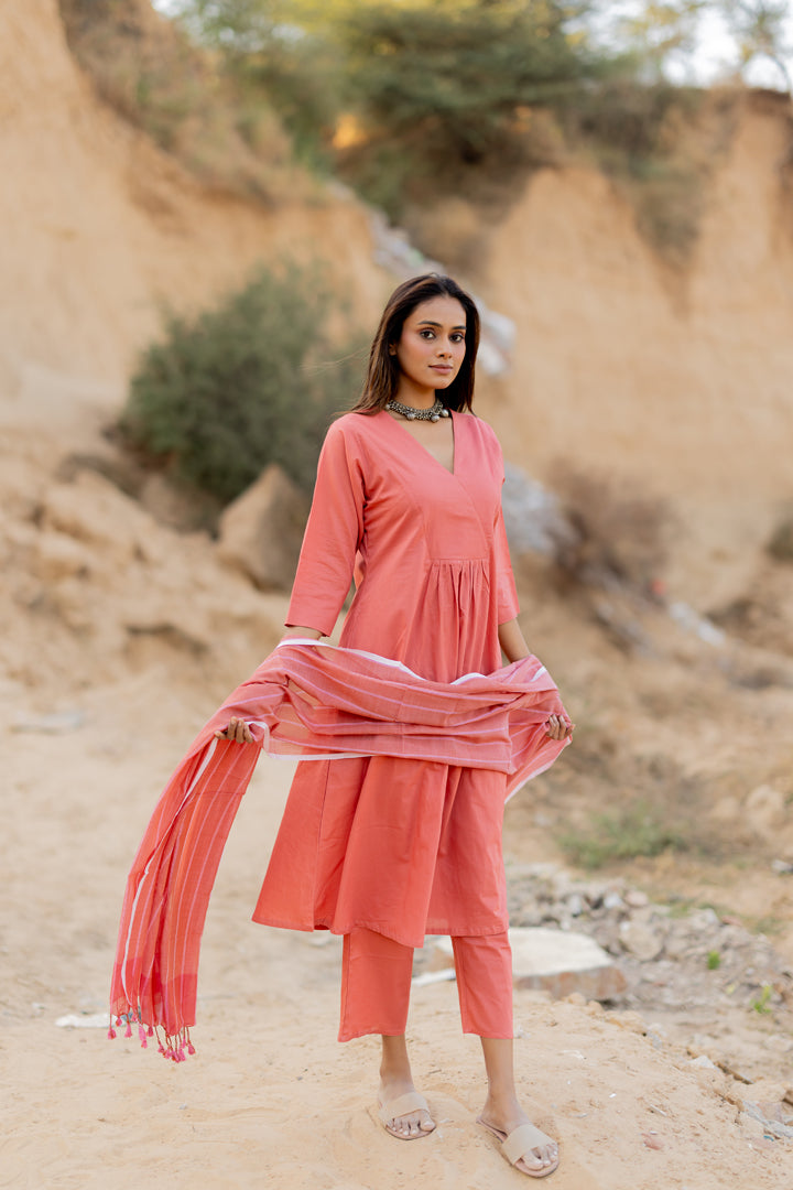 Sandy Blush Kurta Set with Handloom Dupatta