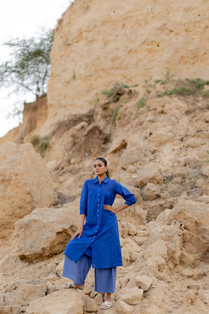 Lapis Blue Mulmul Kurta with Striped Palazzos