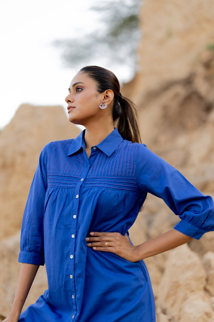 Lapis Blue Mulmul Kurta with Striped Palazzos