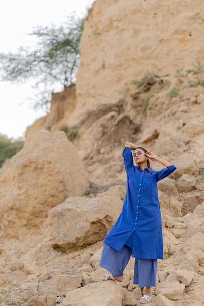 Lapis Blue Mulmul Kurta with Striped Palazzos