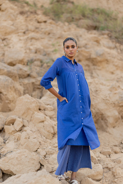 Lapis Blue Mulmul Kurta with Striped Palazzos