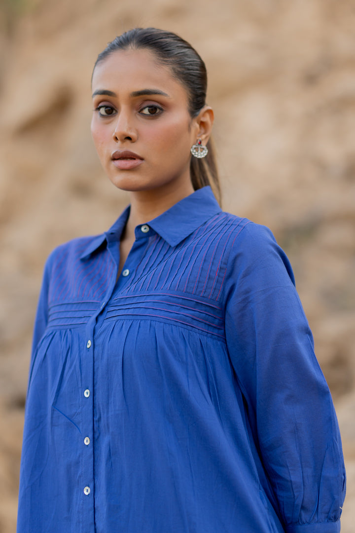 Lapis Blue Mulmul Kurta with Striped Palazzos