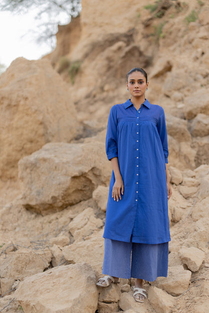 Lapis Blue Mulmul Kurta with Striped Palazzos