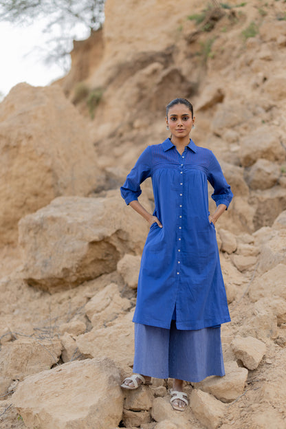 Lapis Blue Mulmul Kurta with Striped Palazzos