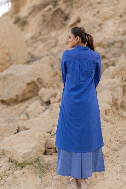 Lapis Blue Mulmul Kurta with Striped Palazzos