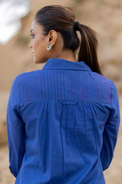 Lapis Blue Mulmul Kurta with Striped Palazzos