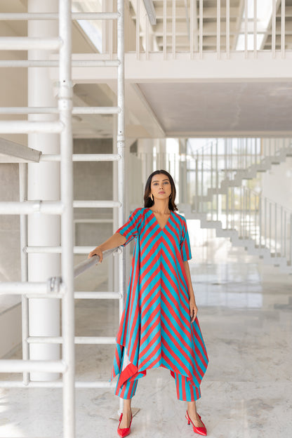 Poppy and Blue Stripe Kurta Set