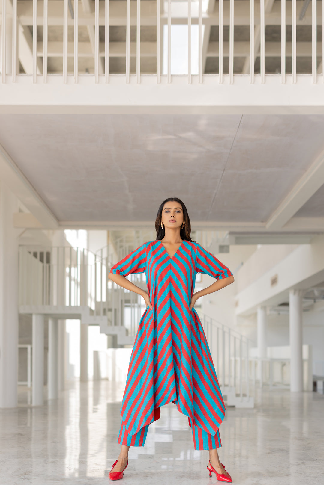 Poppy and Blue Stripe Kurta Set