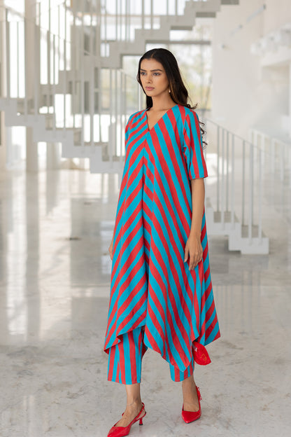 Poppy and Blue Stripe Kurta Set