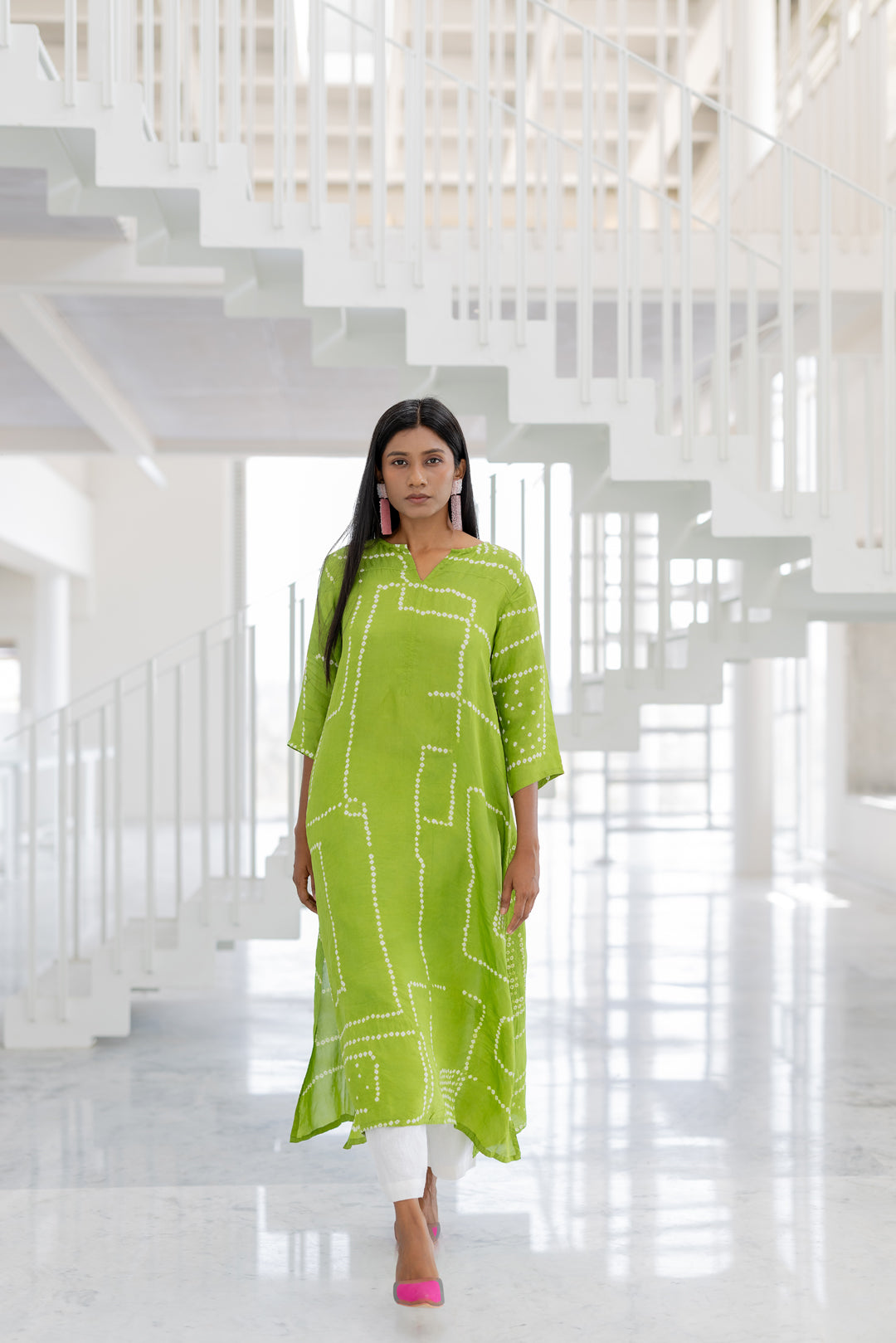 Terra Green Bandhej Silk Kurta