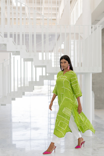 Terra Green Bandhej Silk Kurta