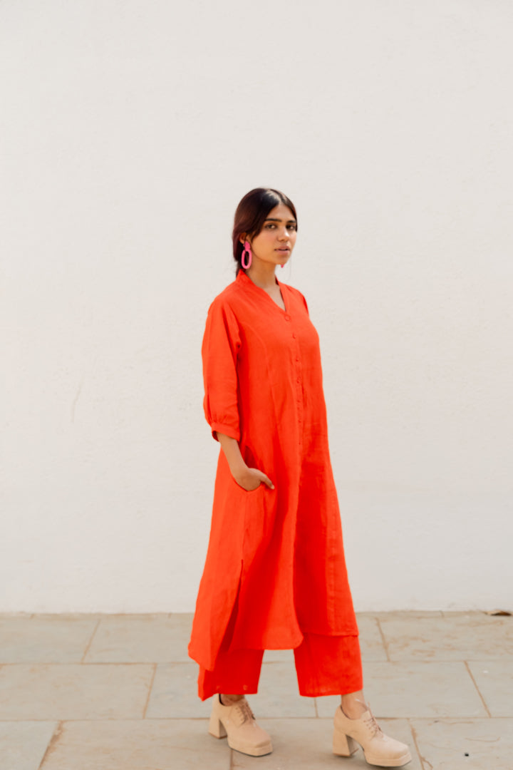 Scarlet Linen Button Down Kurta and Pants Set