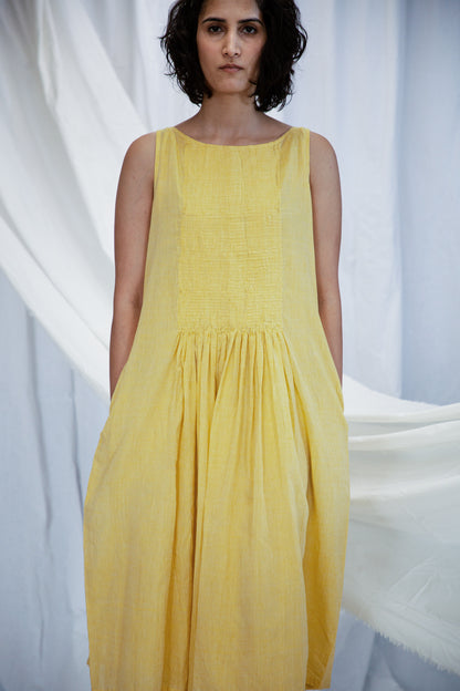 Yellow Smocking Mulmul Dress with Slip