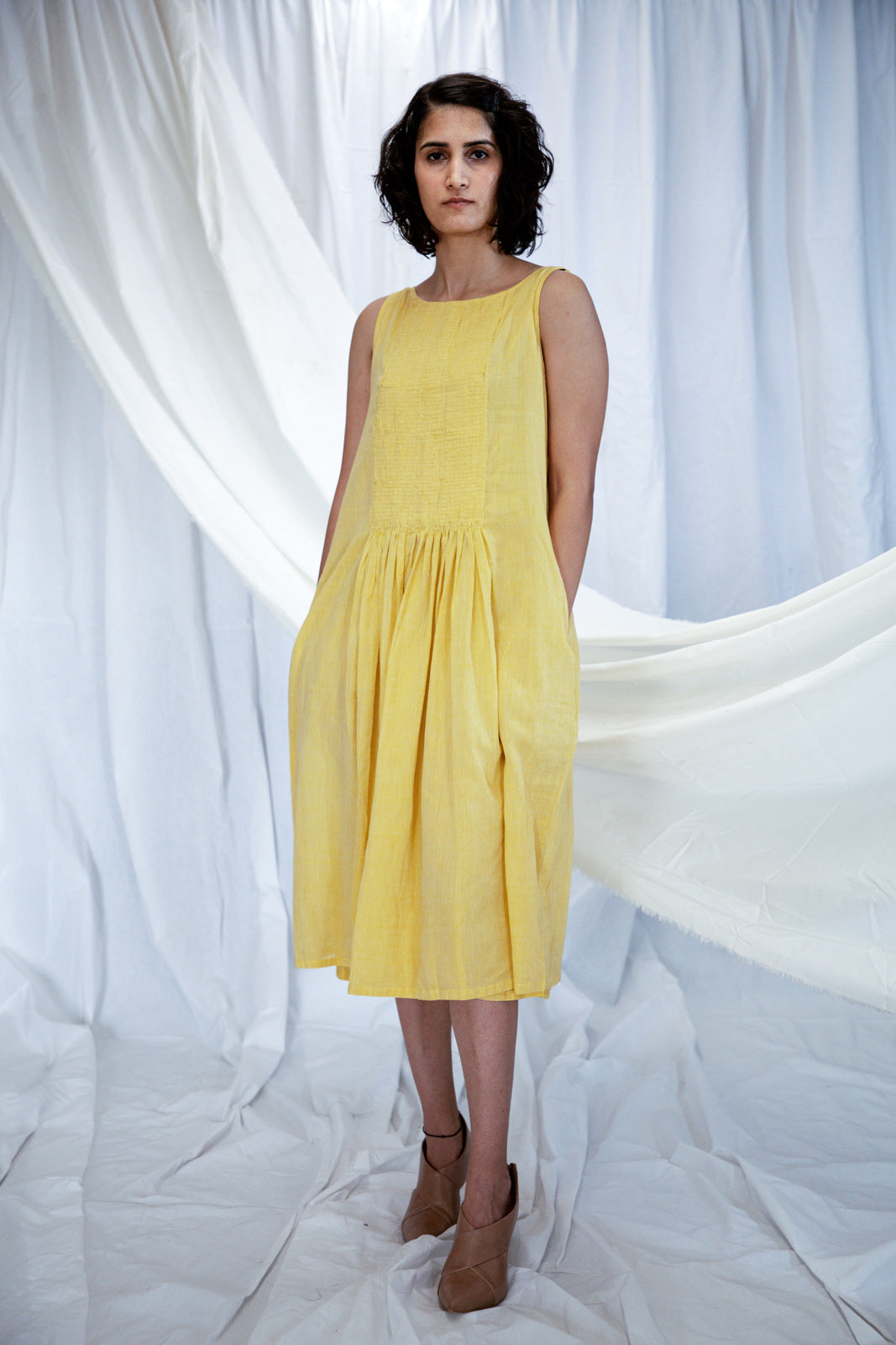 Yellow Smocking Mulmul Dress with Slip