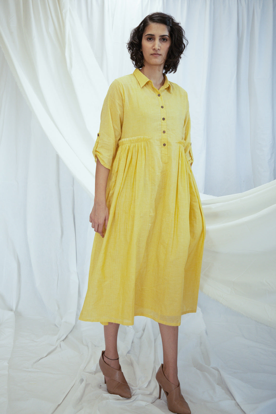 Yellow Mulmul Shirt Dress with Slip