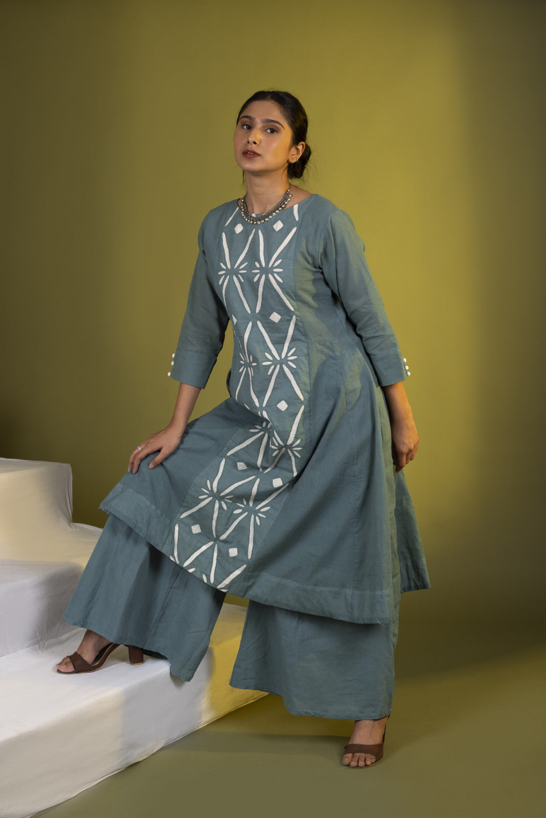 Teal White Applique Kalidaar and Palazzos Set