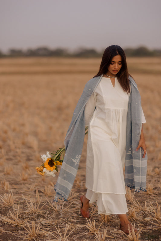 Crisp white kurta set with Ash grey jaamdani Dupatta