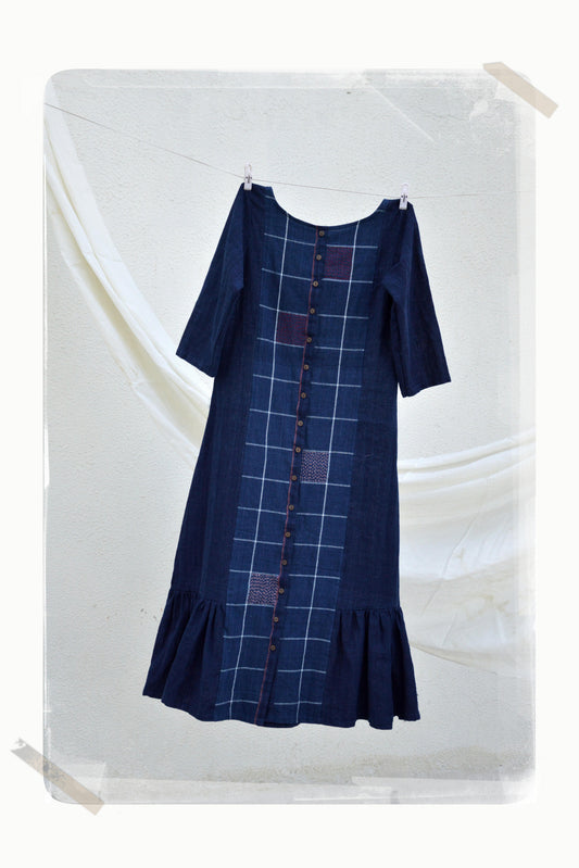 indigo check button down panel dress with side gathers