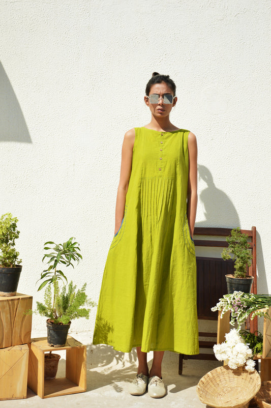 Lime Green Waist-Tucks Dress