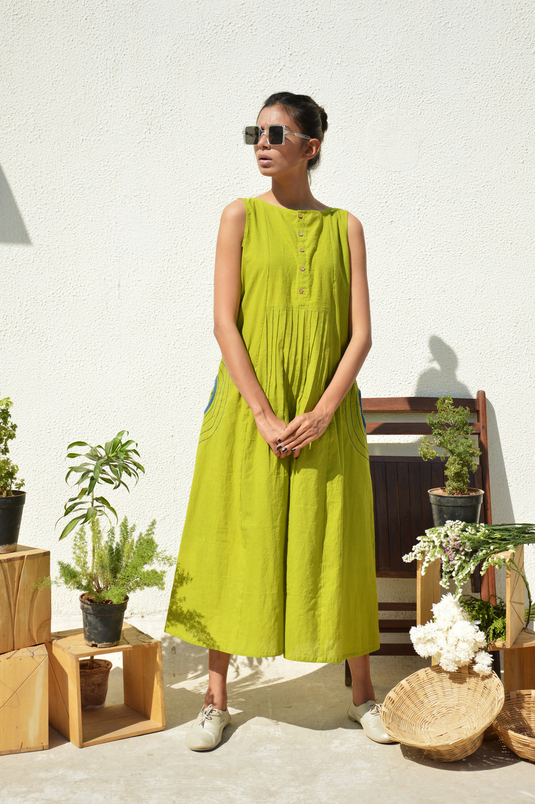 Lime Green Waist Tucks Dress Silai Studio