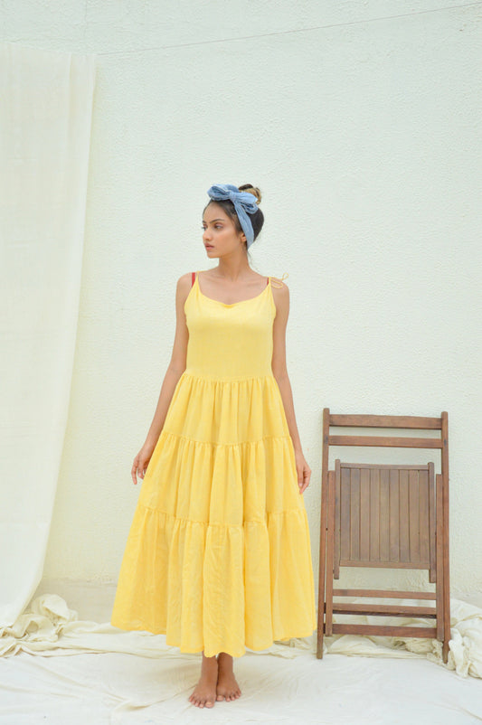 Yellow Mulmul Tiered Dress